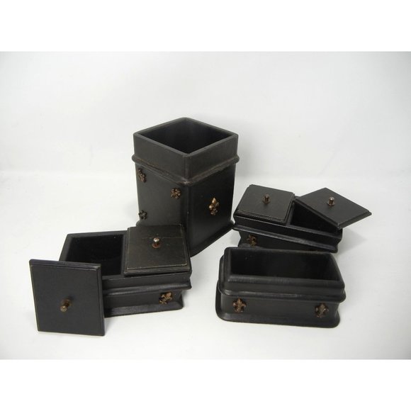 Leather Desk set, Black desk set, vintage India Made, 4 pc. with lids - Picture 9 of 10